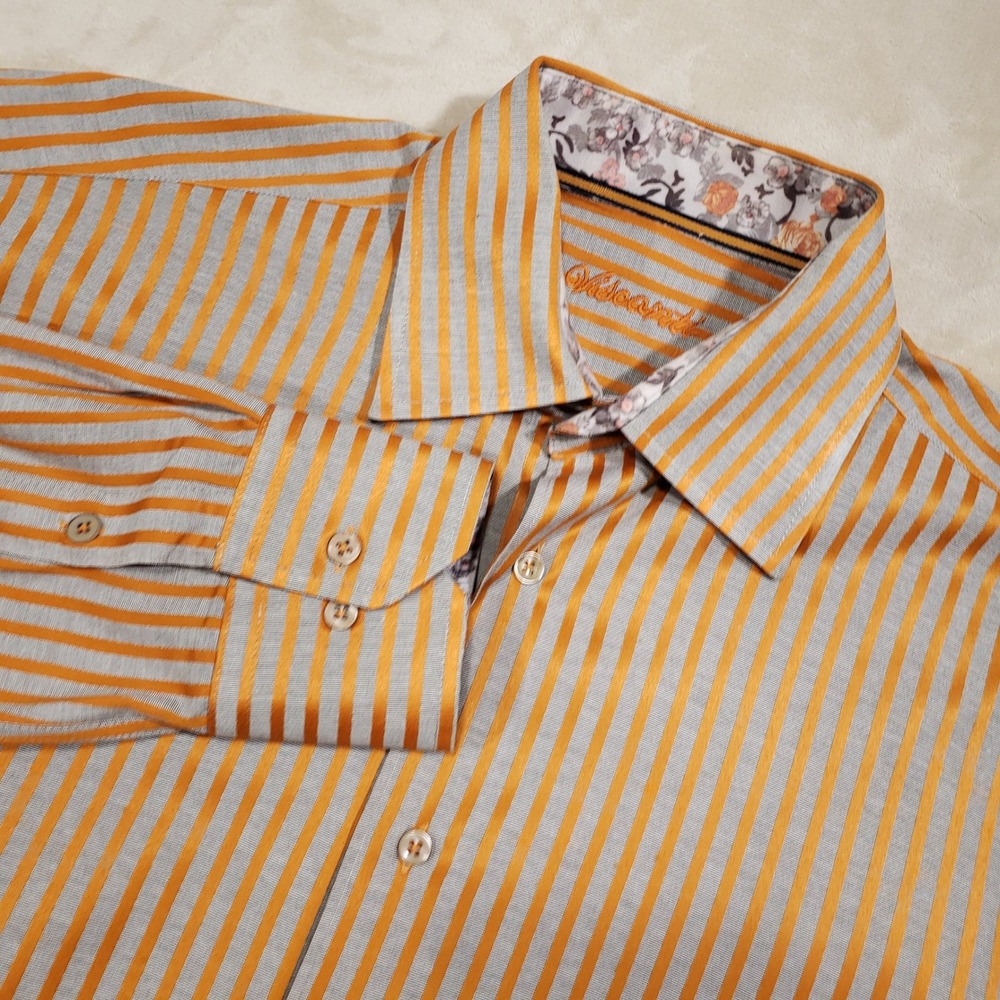 Visconti Button Down Shirt Mens Medium Orange Gray Striped Floral Trim Shiny